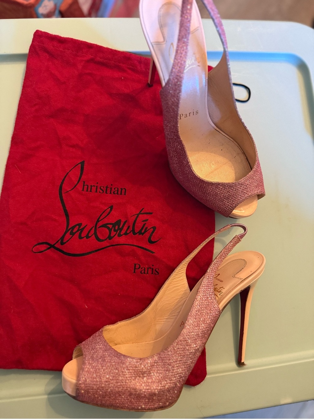 Christian Louboutin Sparkling Pink Peep-Toe Slingback Heels